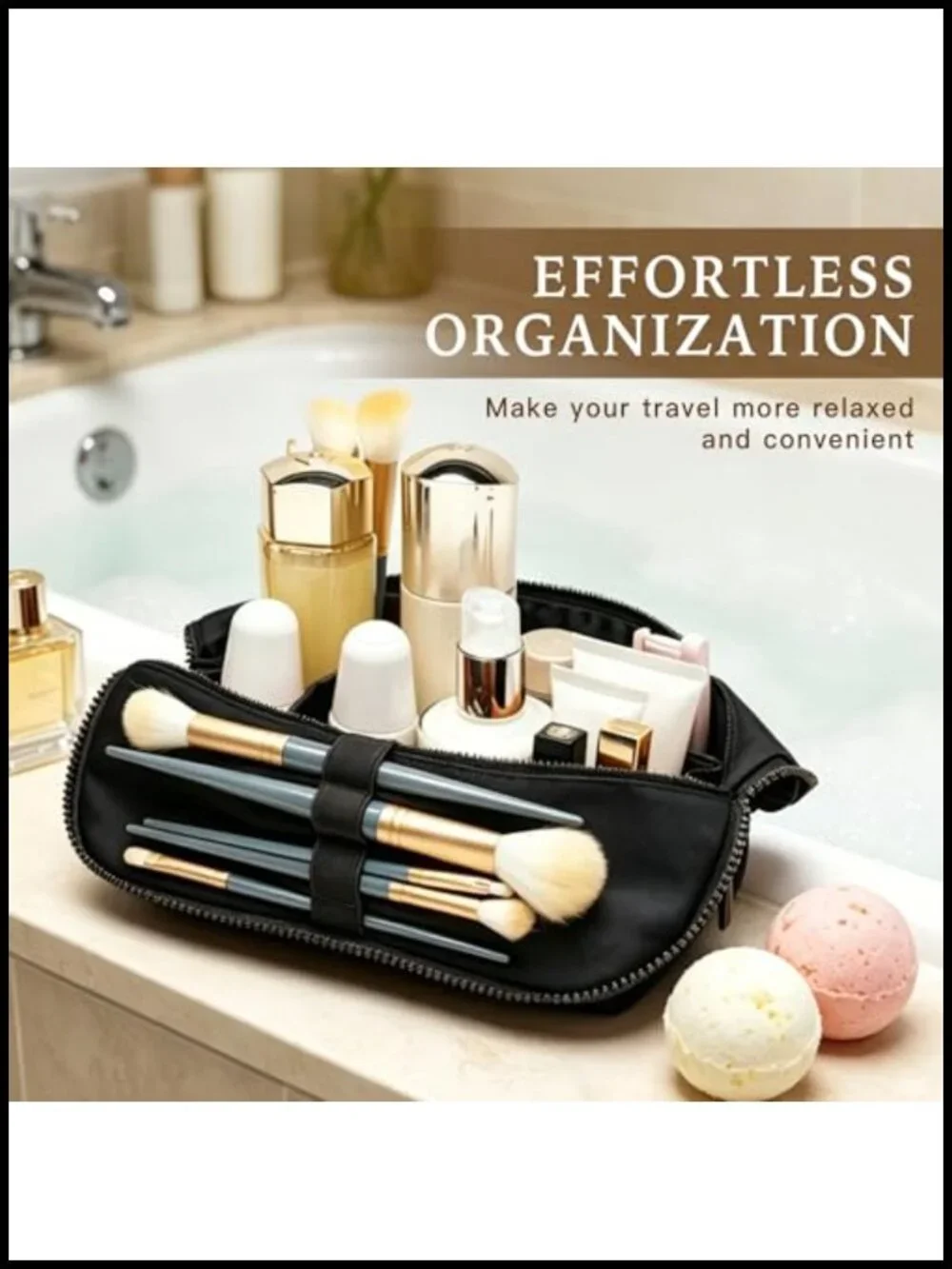 Large Capacity PU Leather Travel Makeup Bag with Fold-Down Design